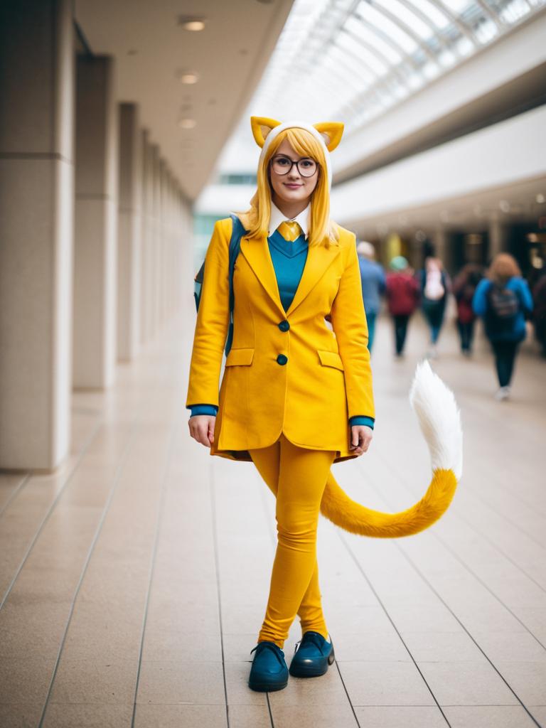 Woman in Yellow Fox Costume with Glasses and Tail in Modern Indoor Space