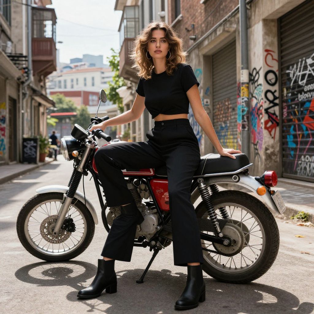 Woman in Black Outfit Posing on Vintage Motorcycle in Urban Street