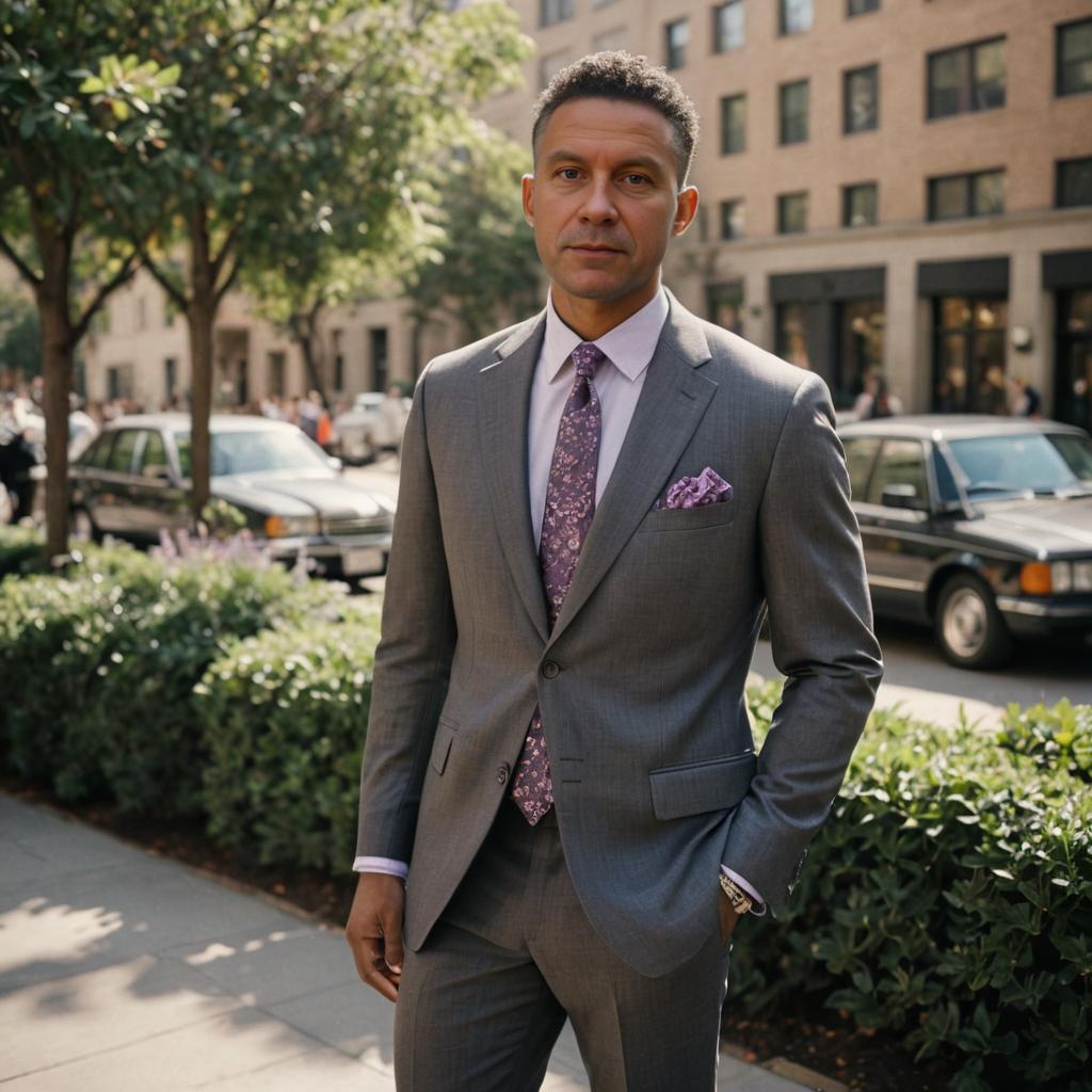 Confident man in gray suit with purple tie in urban setting