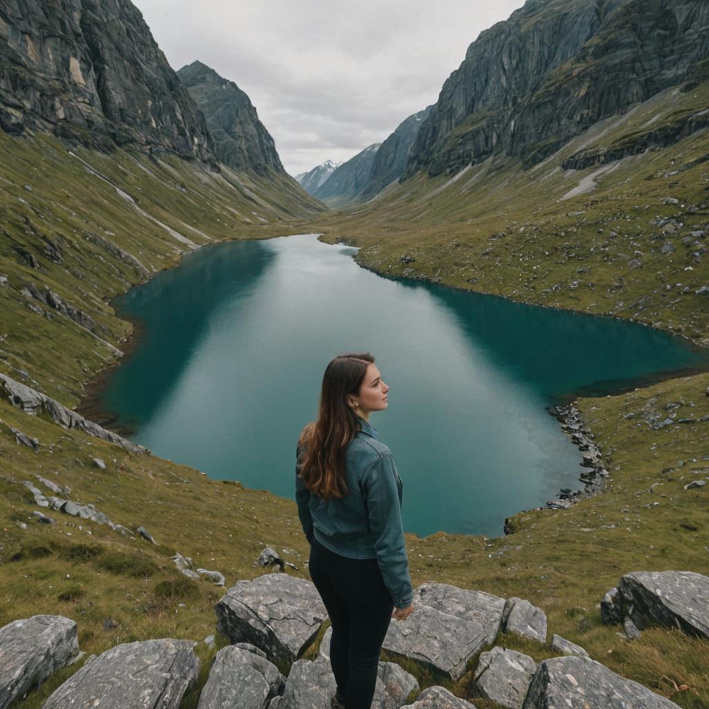 Woman Contemplating Serene Lake and Mountains