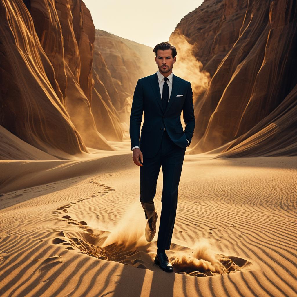 Man in Navy Suit Walking Through Desert Canyon Sand Dunes