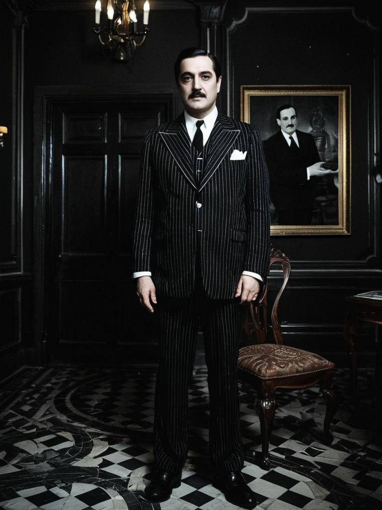 Man in Gomez Addams Classic Pinstripe Suit Costume in Gothic Mansion
