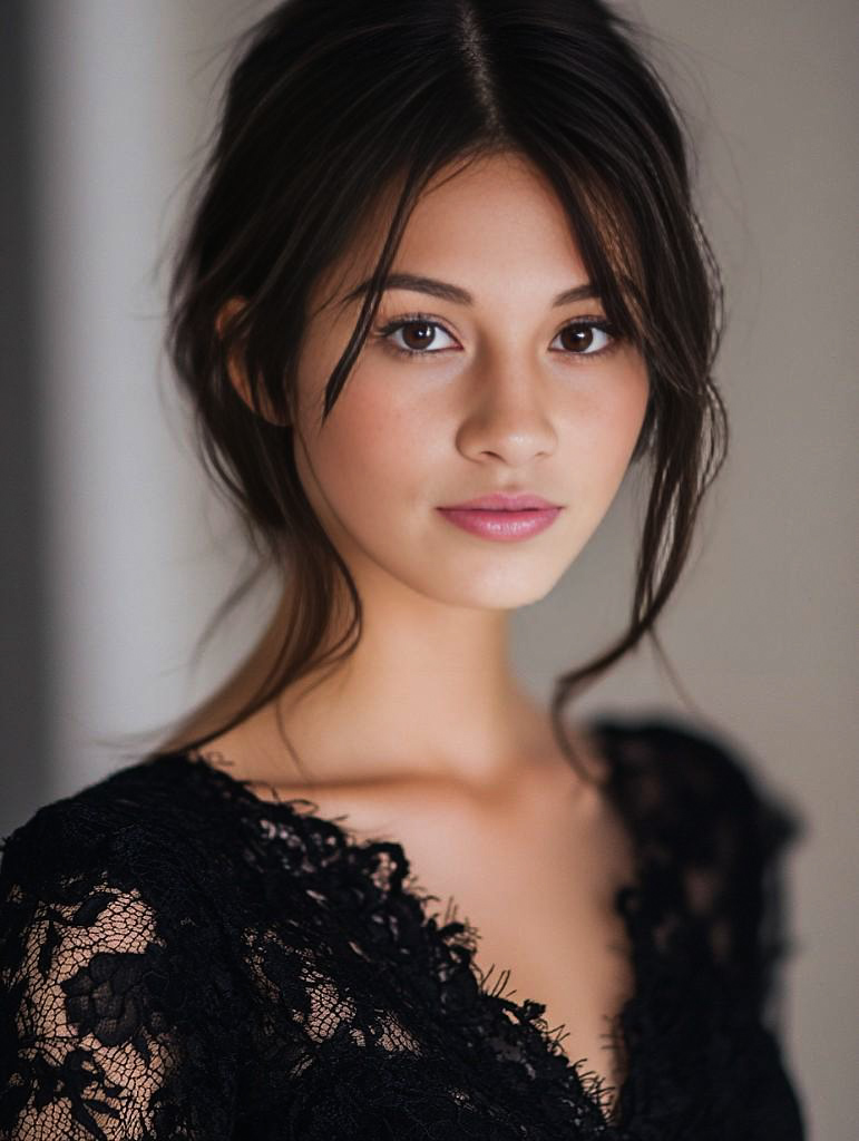 Elegant Young Woman in Black Lace Dress