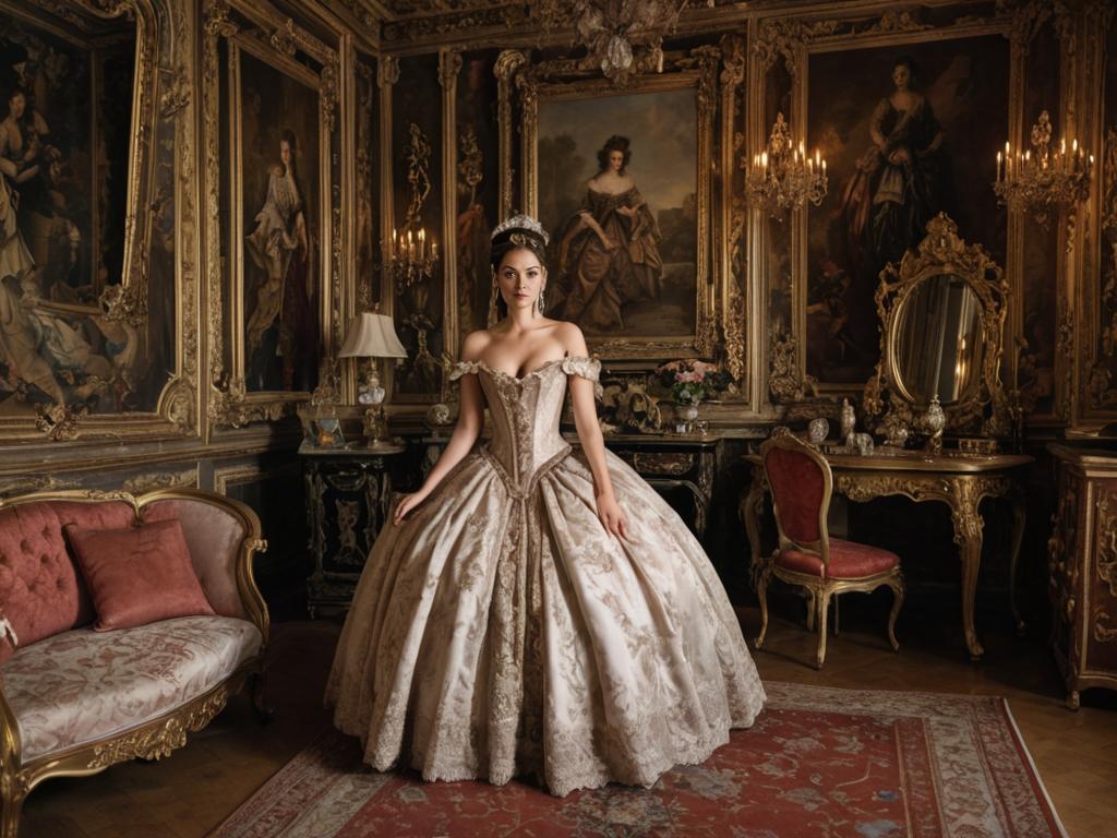 Woman in Regal Ball Gown in Vintage Room