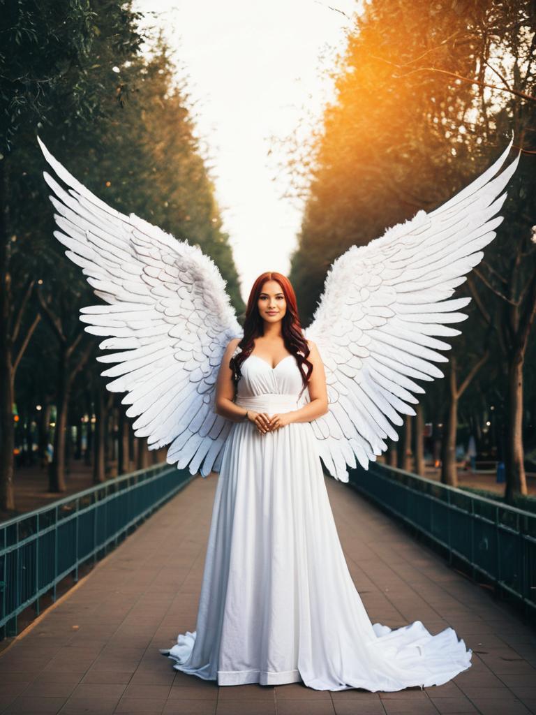 Woman in White Gown with Extra Large Angel Wings at Cosplay Festival Woman in White Gown with Extra Large Angel Wings at Cosplay Festival