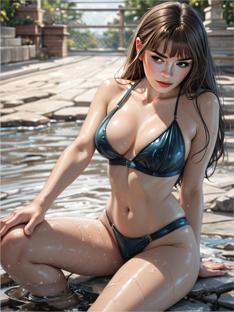 Illustrious Comic Style Digital Art of Woman in Black Bikini by Water