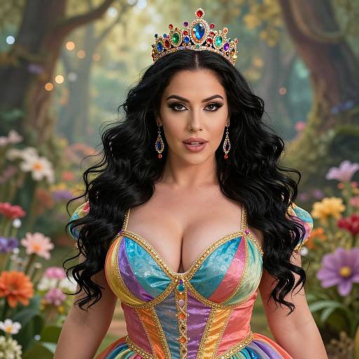 Glowing Princess in Colorful Gown and Jeweled Tiara in Enchanted Forest