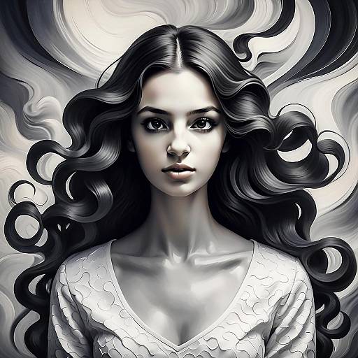 Digital Surreal Portrait of Woman with Flowing Hair and Abstract Background