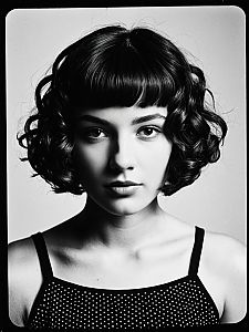 Black and White Portrait of Woman with Curly Hair and Polka Dot Top