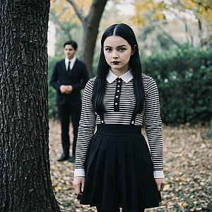 Young Woman in Autumn Park with Man in Suit