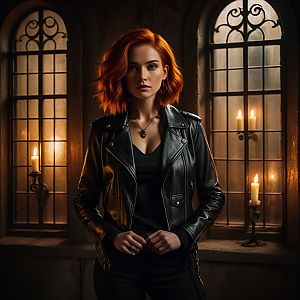 Confident Woman in Gothic Room with Red Hair