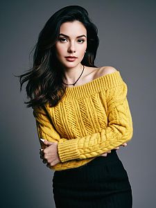 Elegant Woman Wearing Yellow Cable Knit Sweater in Studio Portrait