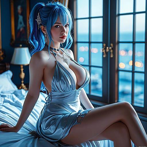 Elegant Blue-Haired Woman in Satin Dress by Window