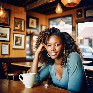 Cozy café scene with woman and coffee