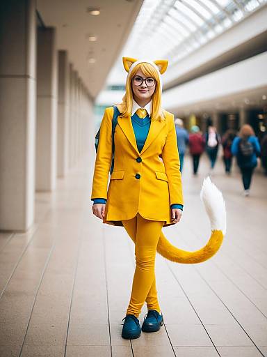 Woman in Yellow Fox Costume with Glasses and Tail in Modern Indoor Space