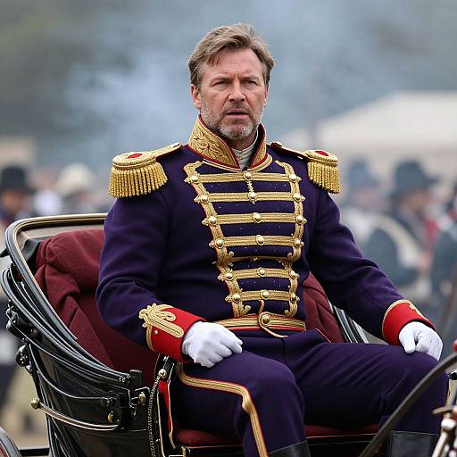 Man in 19th-Century Military Uniform Sitting in Historic Carriage