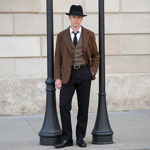 Young Man in Vintage 1940s Style Outfit with Fedora Hat