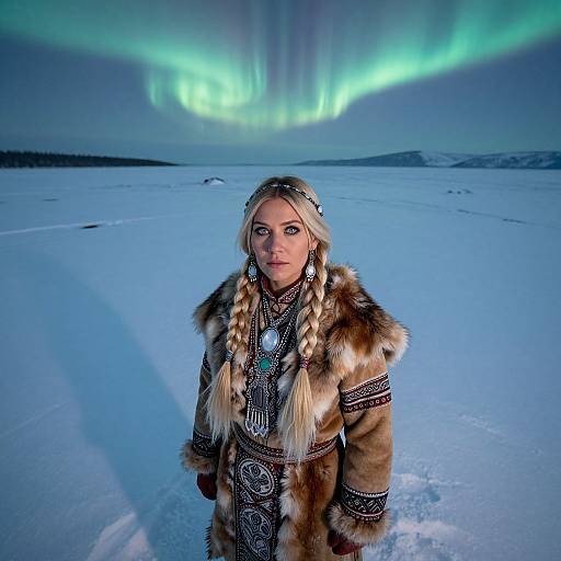 Woman in Traditional Arctic Clothing Under Northern Lights