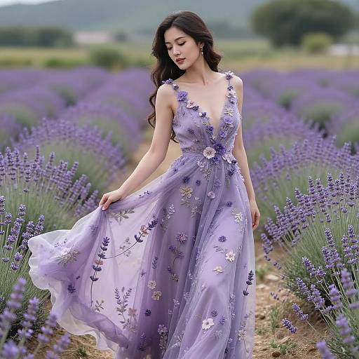 Elegant Woman in Lavender Floral Dress Posing in Lavender Field