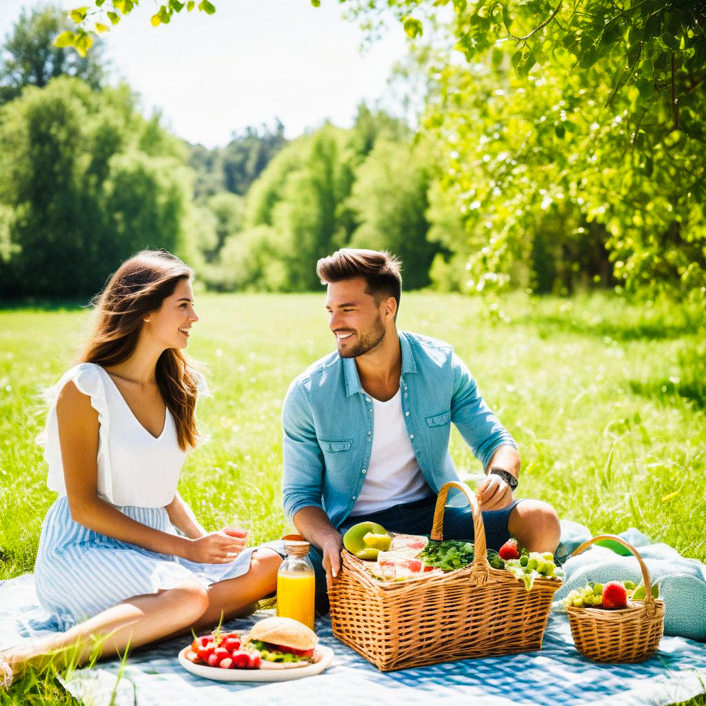Cheerful Couple Picnic in Nature Cheerful Couple Picnic in Nature