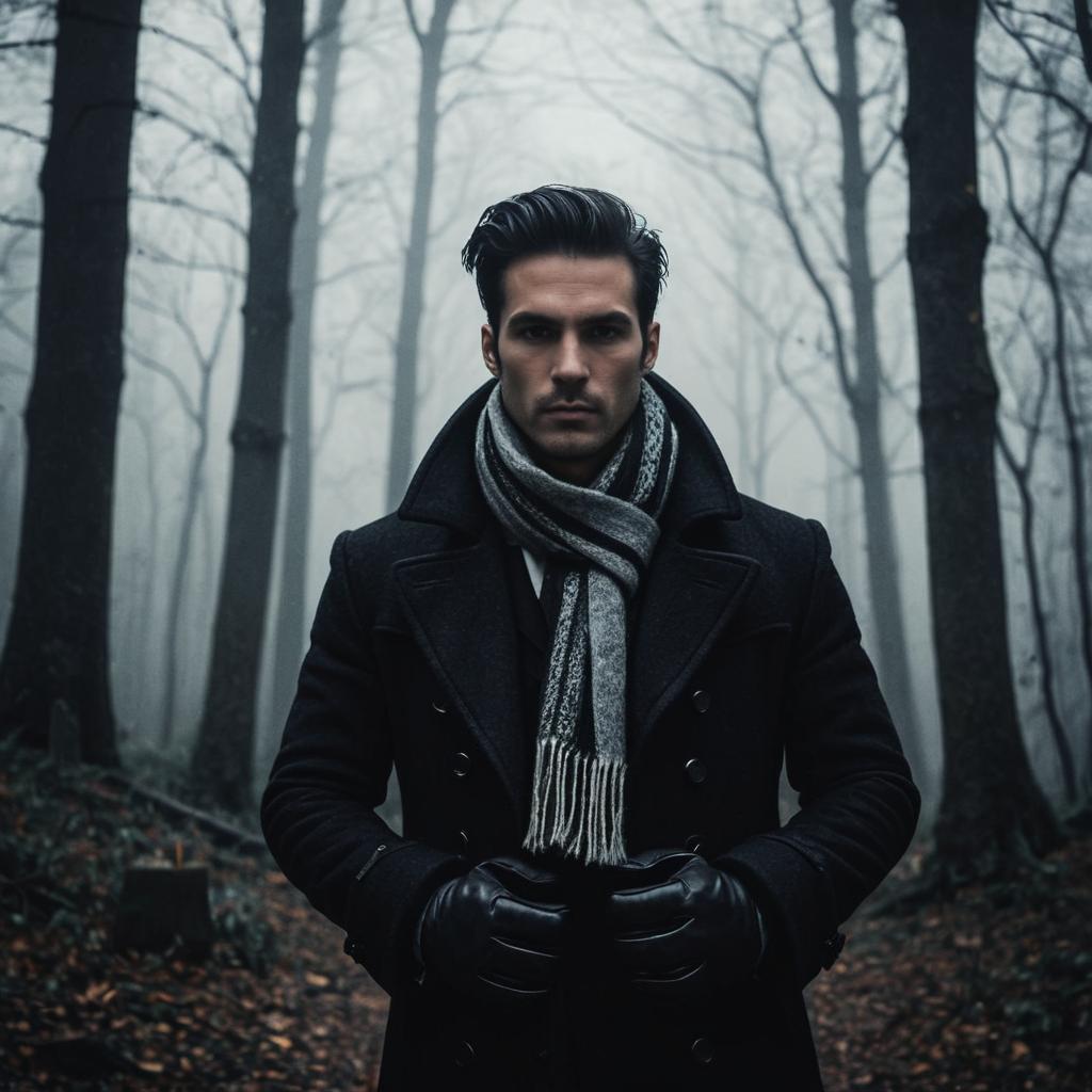 Man in Dark Overcoat and Scarf in Foggy Forest
