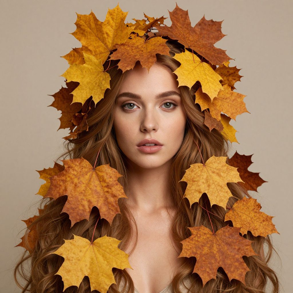 Woman with Autumn Maple Leaves in Hair Fall Portrait