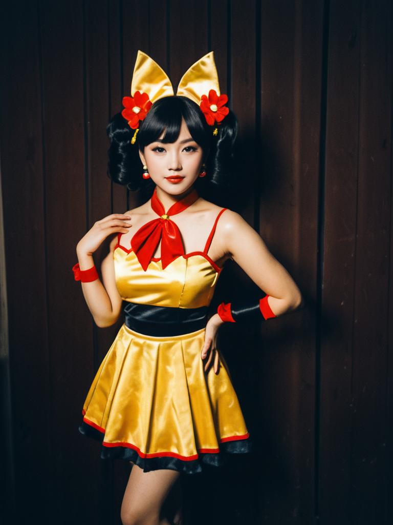 Realistic Photo of Woman Cosplaying as Chi-Chi in Yellow and Red Costume