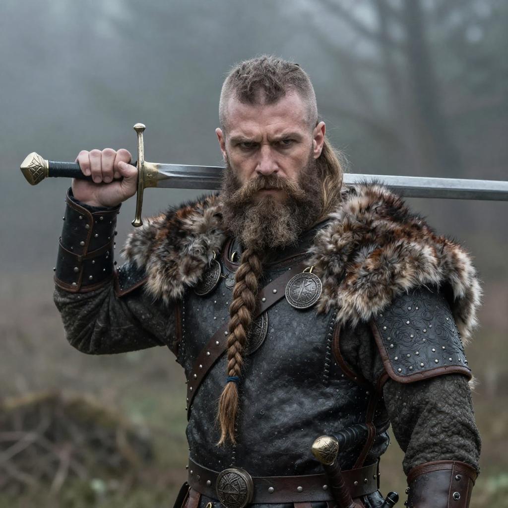 Viking Warrior with Sword and Fur Leather Armor