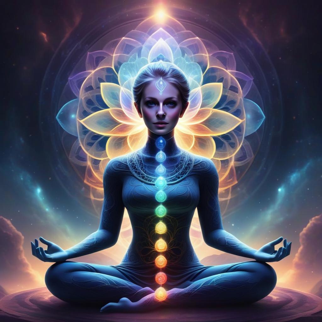 Serene Woman in Meditative Pose with Chakra Lights