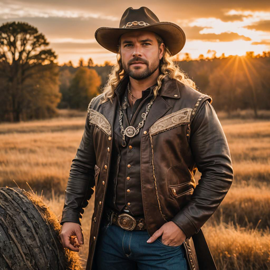 Man in Leather Cowboy Outfit at Sunset in Rustic Field