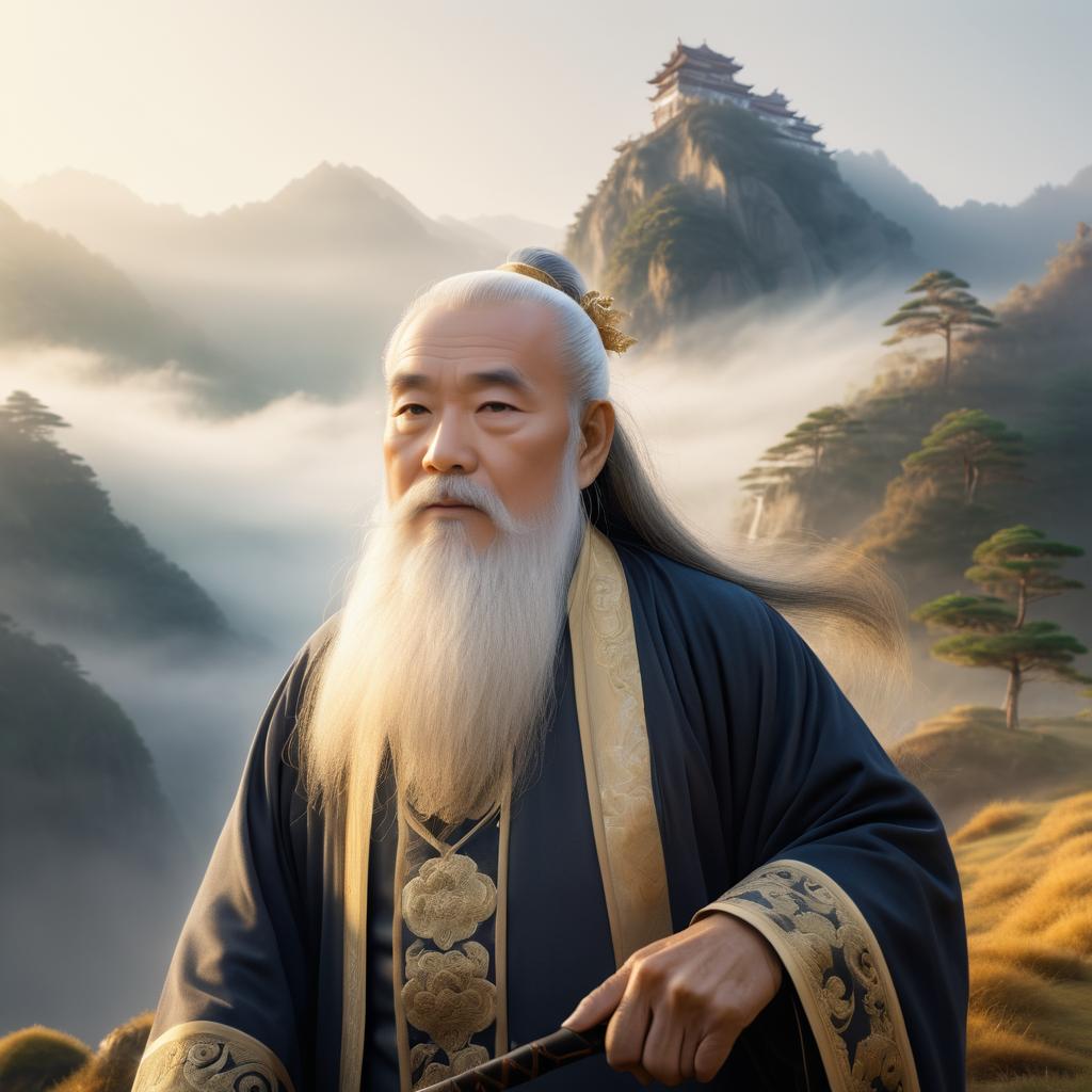 Wise Elder in Traditional Robes Against Mountain Backdrop