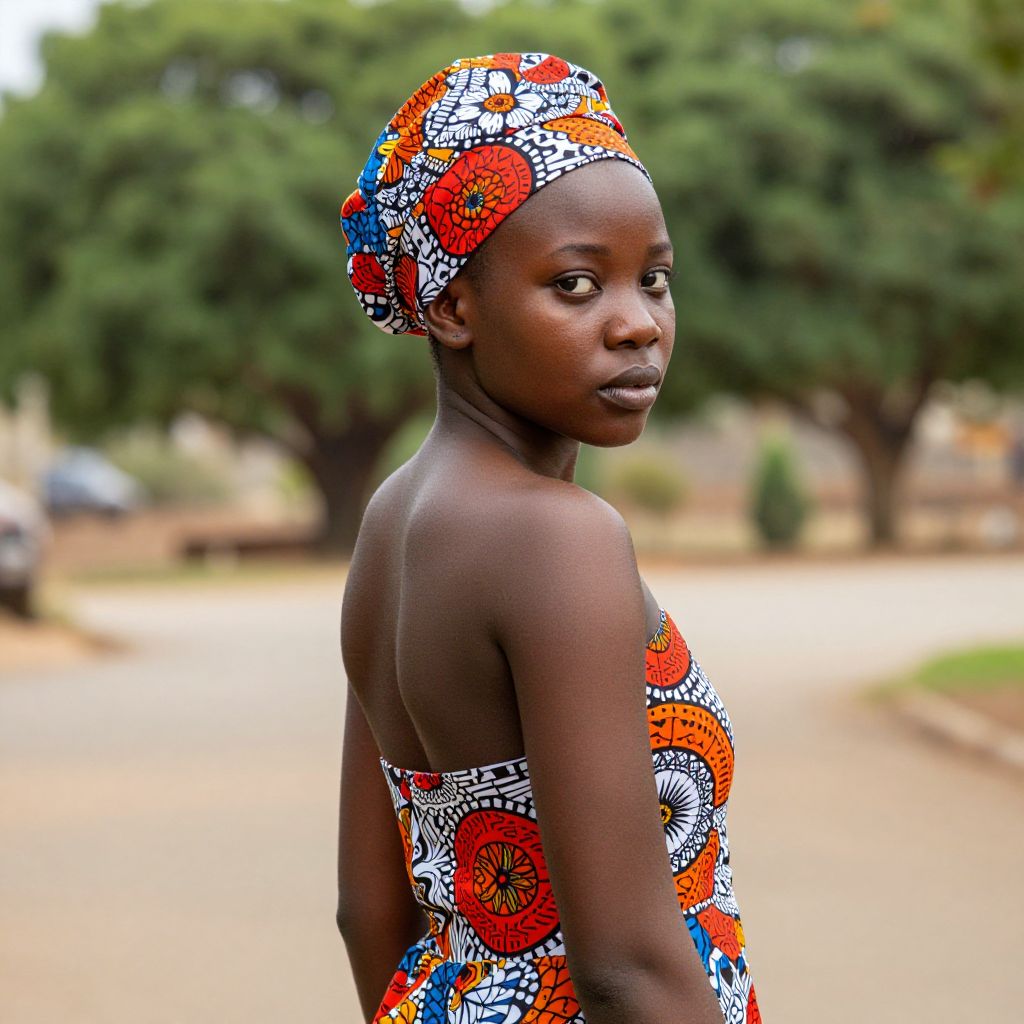 Young Woman Wearing Colorful African Print Headwrap and Dress Outdoors