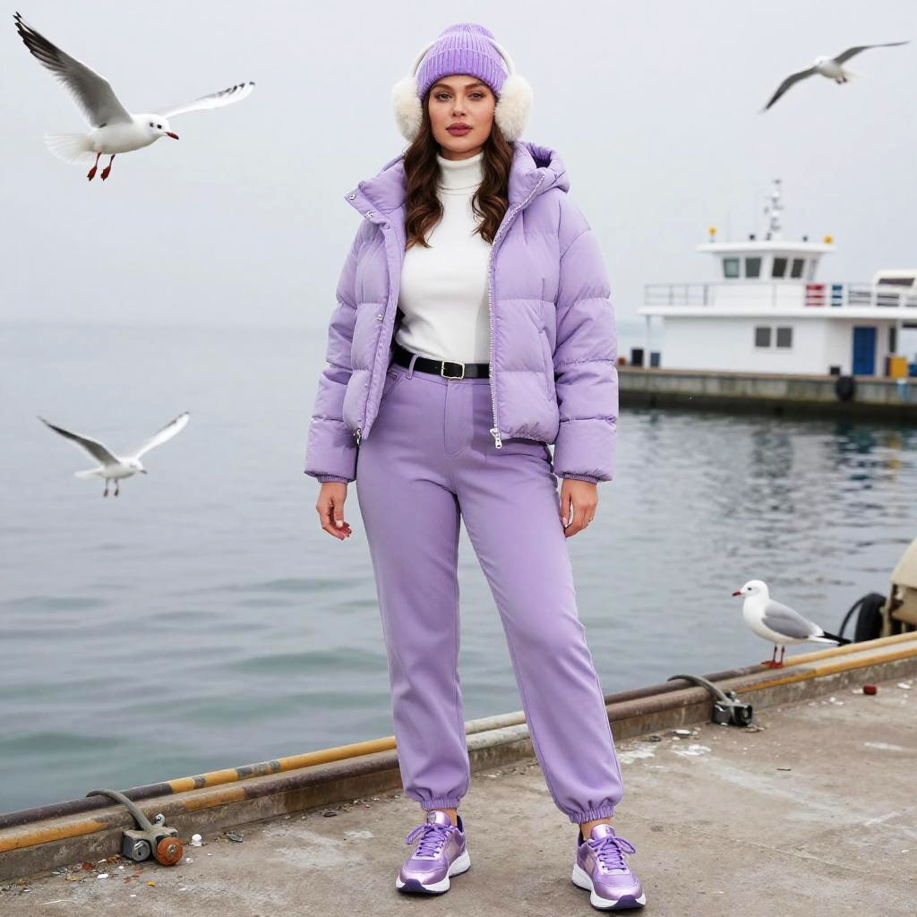 Curvy Woman Winter Chic in Lavender Puffer Jacket and Lilac Jogger Pants