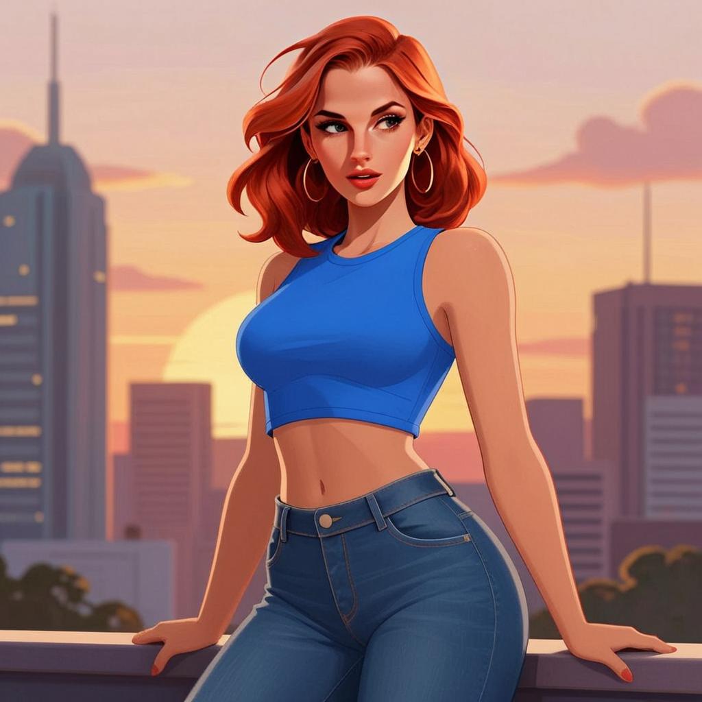 Stylized Digital Illustration of Red-Haired Woman in Blue Crop Top at City Sunset