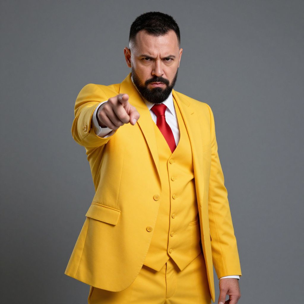 Man in Yellow Three-Piece Suit Pointing Assertively