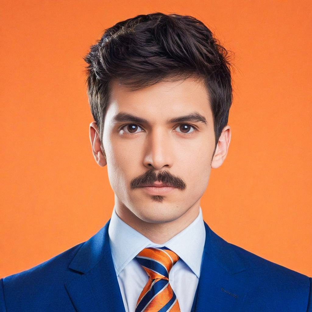 Confident Man in Blue Suit with Orange Tie Confident Man in Blue Suit with Orange Tie