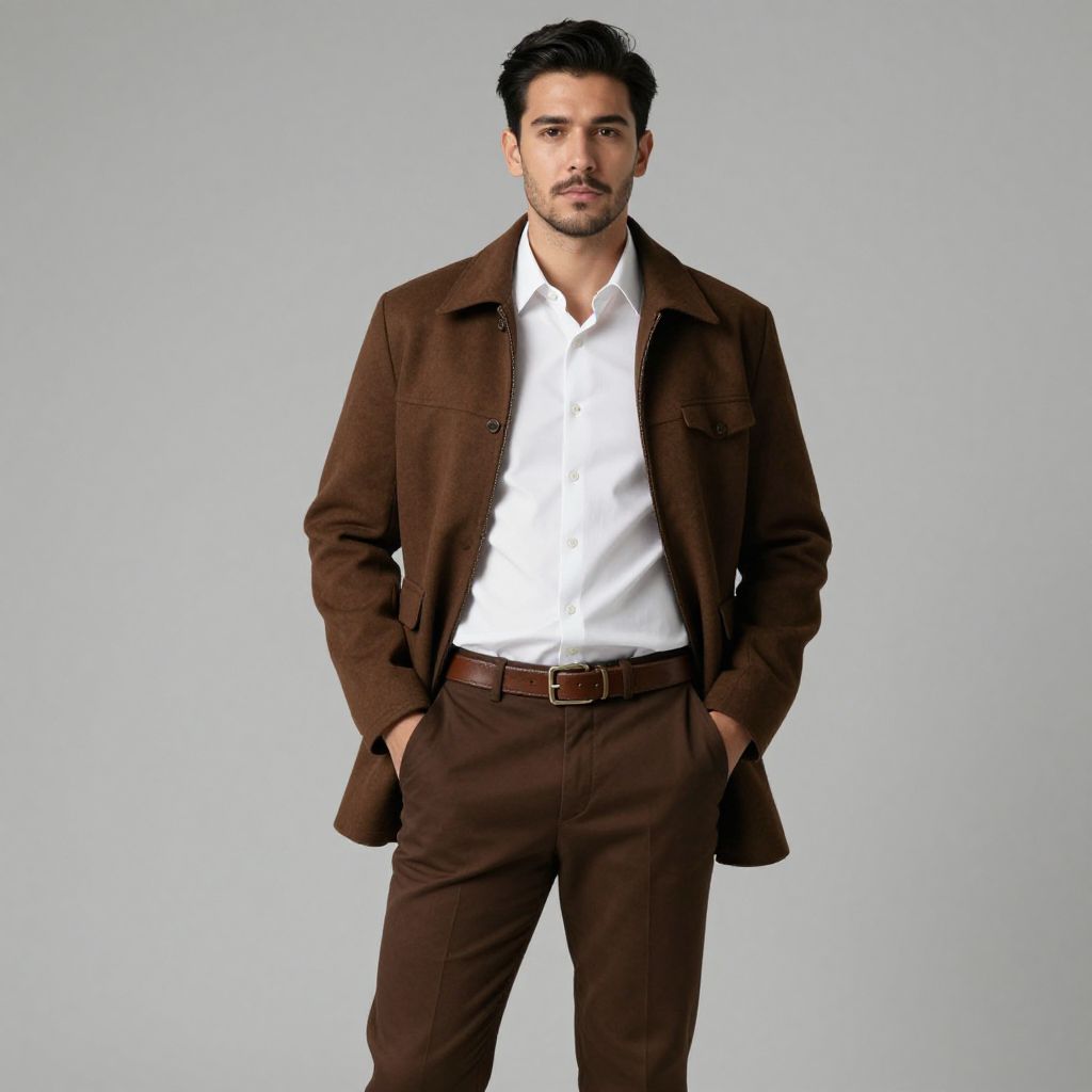 Young Man in Brown Wool Jacket and White Shirt Fashion Portrait
