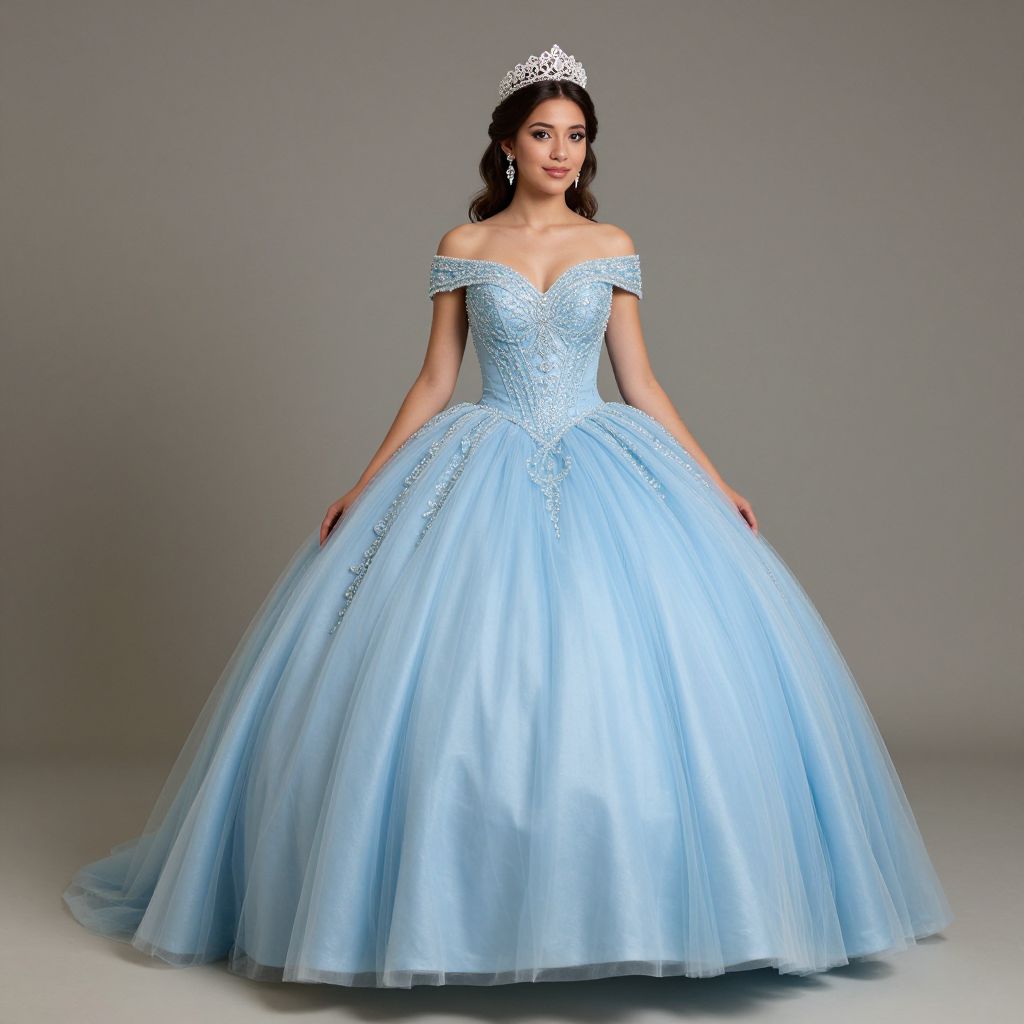 Elegant Woman in Light Blue Beaded Ball Gown with Tiara