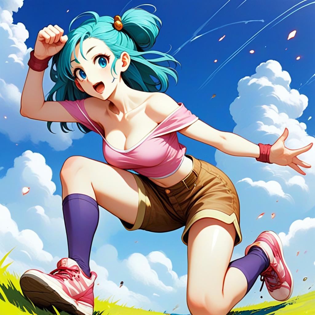 Energetic Anime Girl with Teal Hair in Dynamic Outdoor Pose