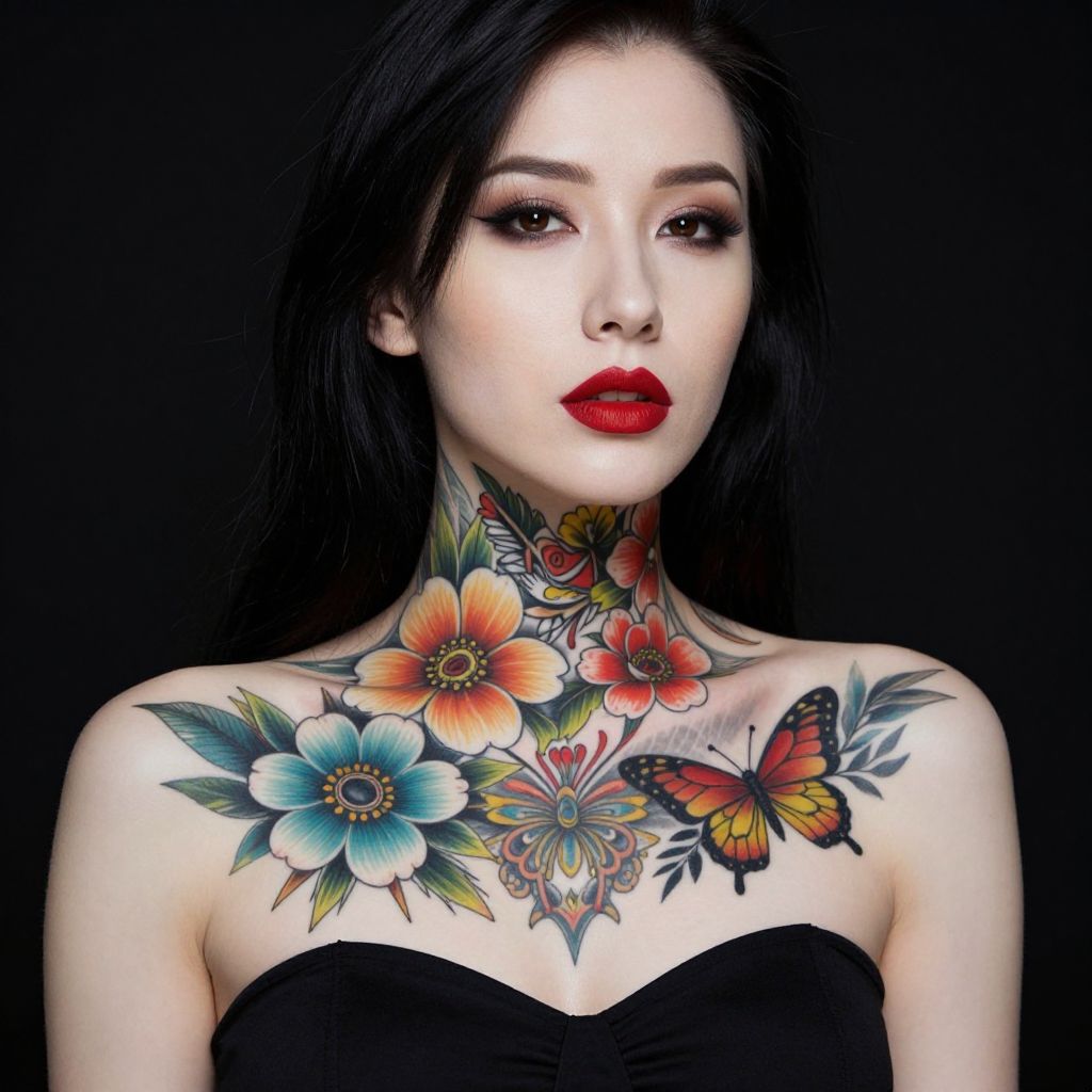 Woman with Colorful Floral and Butterfly Tattoos on Neck and Chest
