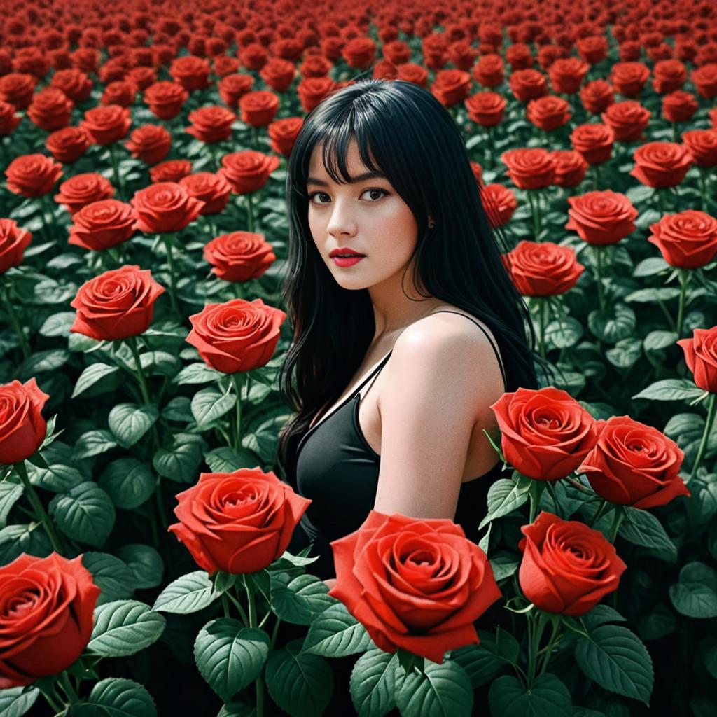 Elegant Woman in a Field of Red Roses