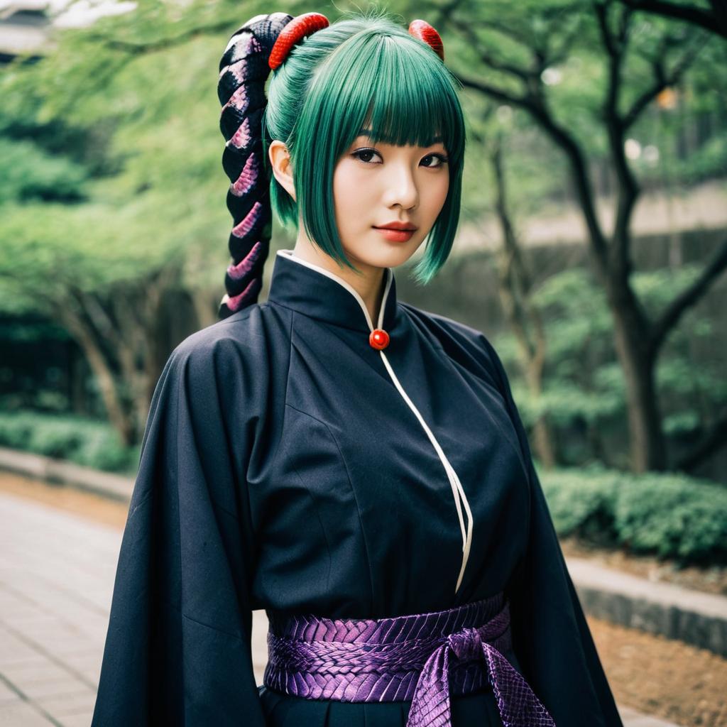 Realistic Cosplay of Saragimaru from Demon Slayer with Green Hair and Black Uniform