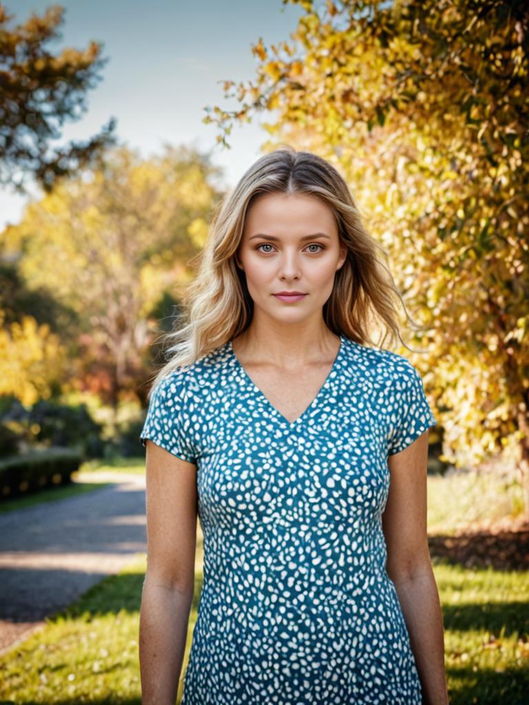 Woman in Blue Patterned Dress in Park