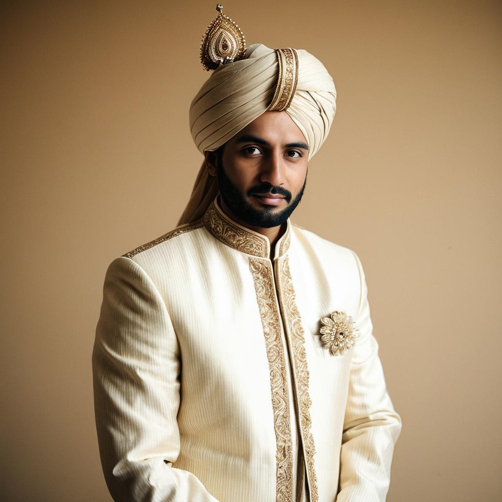 Elegant Man in Cream Sherwani with Gold Embroidery