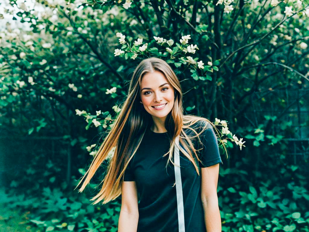 Cheerful young woman in lush greenery