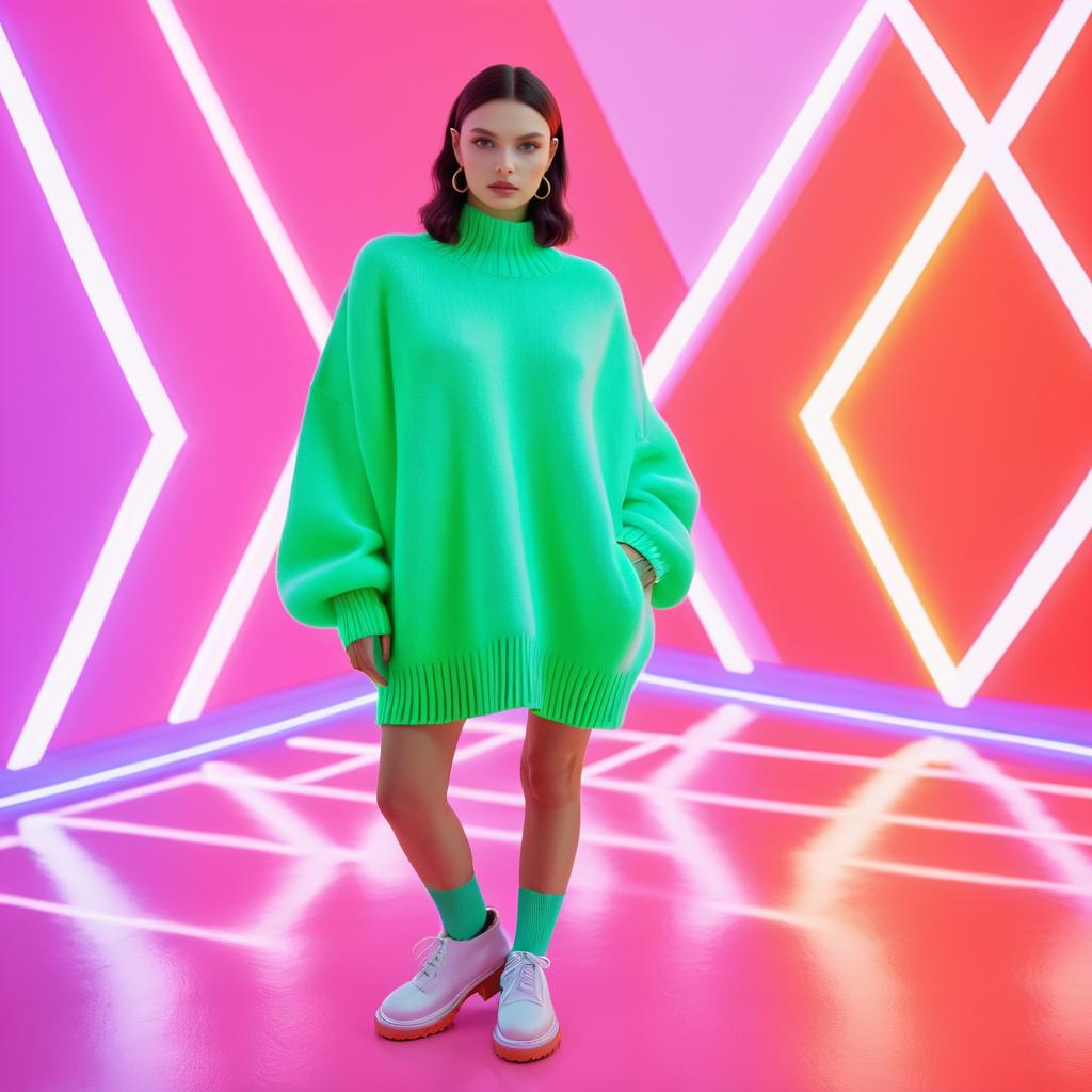 Woman in Oversized Green Sweater with Neon Lights