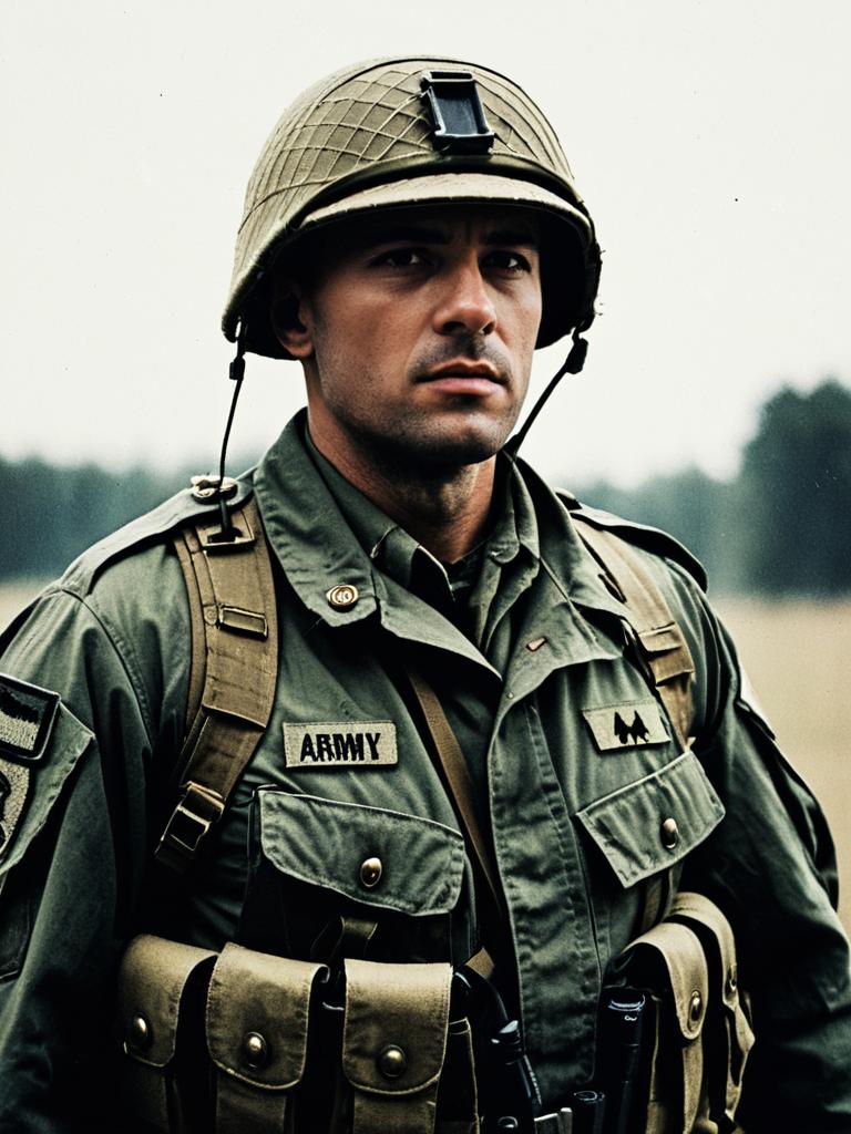 Man in Army Soldier Costume Waist Up Cinematic Realistic Photo