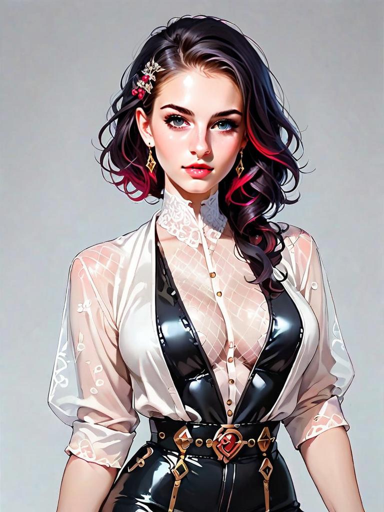 Realistic Portrait of Woman in Bold Red Lace Bodysuit with Plunging Neckline