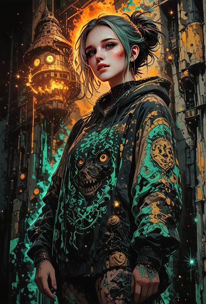 Cyberpunk Woman in Futuristic Cityscape with Glowing Skull Jacket