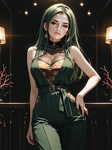 Elegant Woman in Green Fashion Outfit Digital Illustration